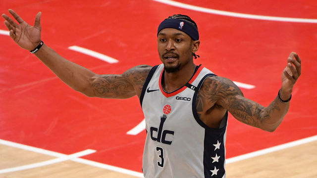 WASHINGTON, DC - MAY 16: Bradley Beal #3 of the Washington Wizards reacts after a play against the Charlotte Hornets during the second half at Capital One Arena on May 16, 2021 in Washington, DC.