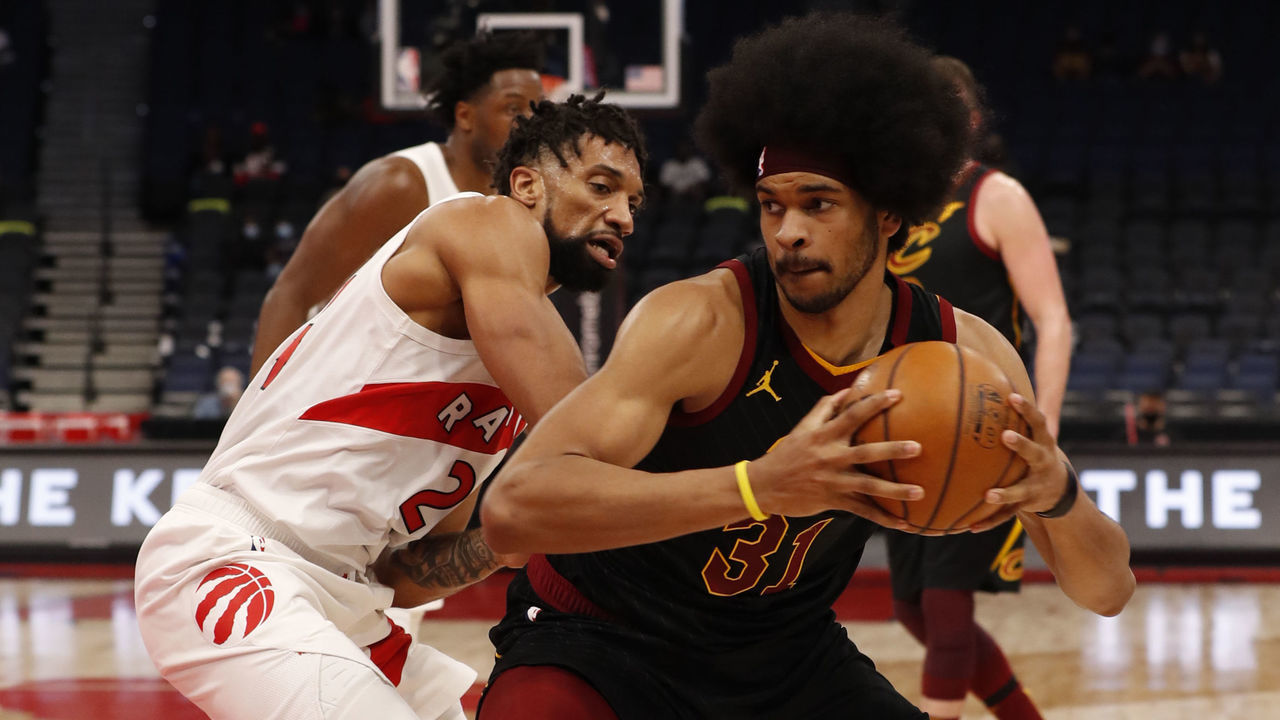 TAMPA, FL- APRIL 26: Jarrett Allen #31 of the Cleveland Cavaliers handles the ball during the game against the Toronto Raptors on April 26, 2021 at Amalie Arena in Tampa, Florida. Mandatory Copyright Notice: Copyright 2021 NBAE