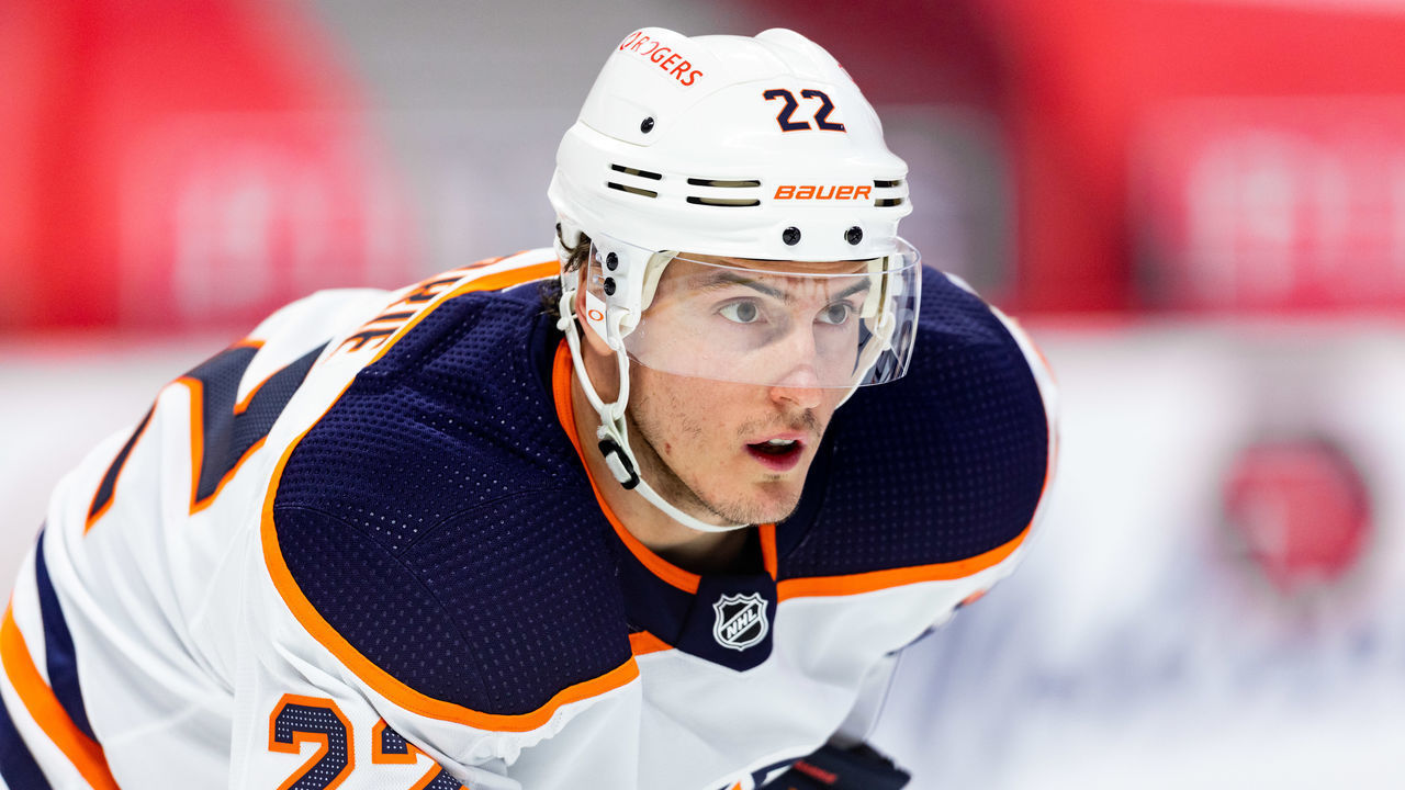 OTTAWA, ON - APRIL 08: Edmonton Oilers Defenceman Tyson Barrie (22) prepares for a face-off during second period National Hockey League action between the Edmonton Oilers and Ottawa Senators on April 8, 2021, at Canadian Tire Centre in Ottawa, ON, Canada.