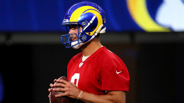 INGLEWOOD, CALIFORNIA - JUNE 10: Matthew Stafford #9 of the Los Angeles Rams handles the ball during open practice at SoFi Stadium on June 10, 2021 in Inglewood, California.