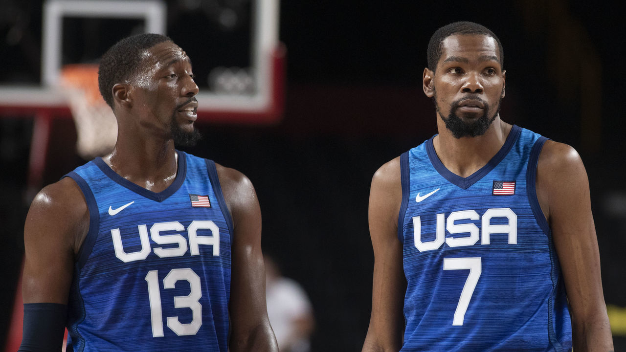 TOKYO, JAPAN - JULY 25: Bam Adebayo #13 of the United States and Kevin Durant #7 of the United States in action during the USA V France basketball preliminary round match at the Saitama Super Arena at the Tokyo 2020 Summer Olympic Games on July 25, 2021 in Tokyo, Japan.