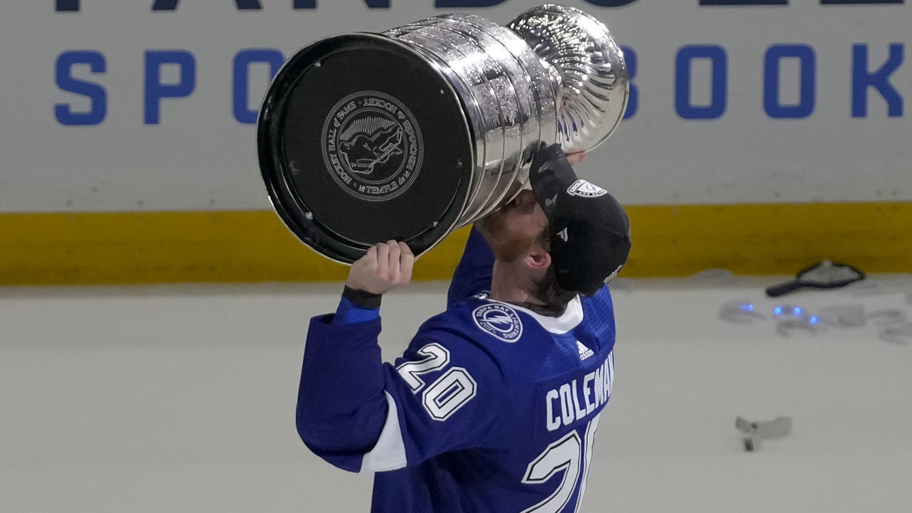 TAMPA, FL - JULY 07: Tampa Bay Lightning center Blake Coleman (20) kisses the Stanley Cup during game 5 of the NHL Stanley Cup Final between the Tampa Bay Lightning and Montreal Canadiens on July 7, 2021 at Amalie Arena in Tampa, FL.