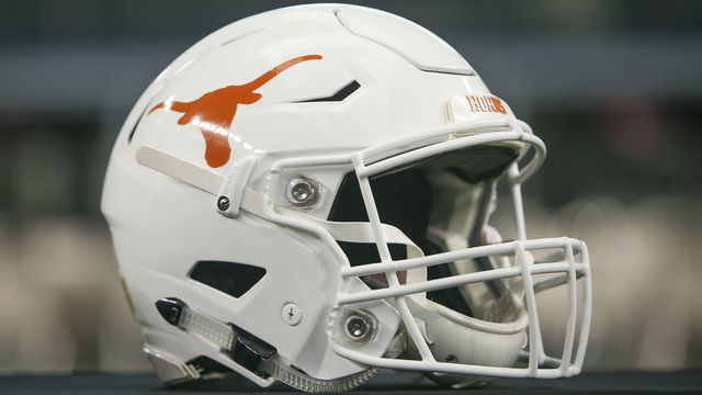 ARLINGTON, TX - JULY 14: Texas Longhorns football helmet on display during the Big 12 Conference football media days on July 14, 2021 at AT&T Stadium in Arlington, TX.