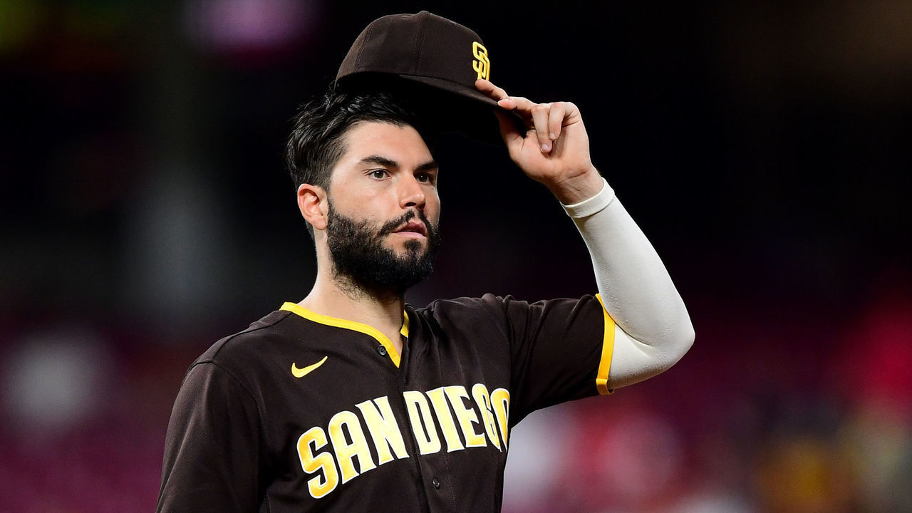 CINCINNATI, OHIO - JUNE 29: Eric Hosmer #30 of the San Diego Padres looks on during a game between the Cincinnati Reds and San Diego Padres at Great American Ball Park on June 29, 2021 in Cincinnati, Ohio.