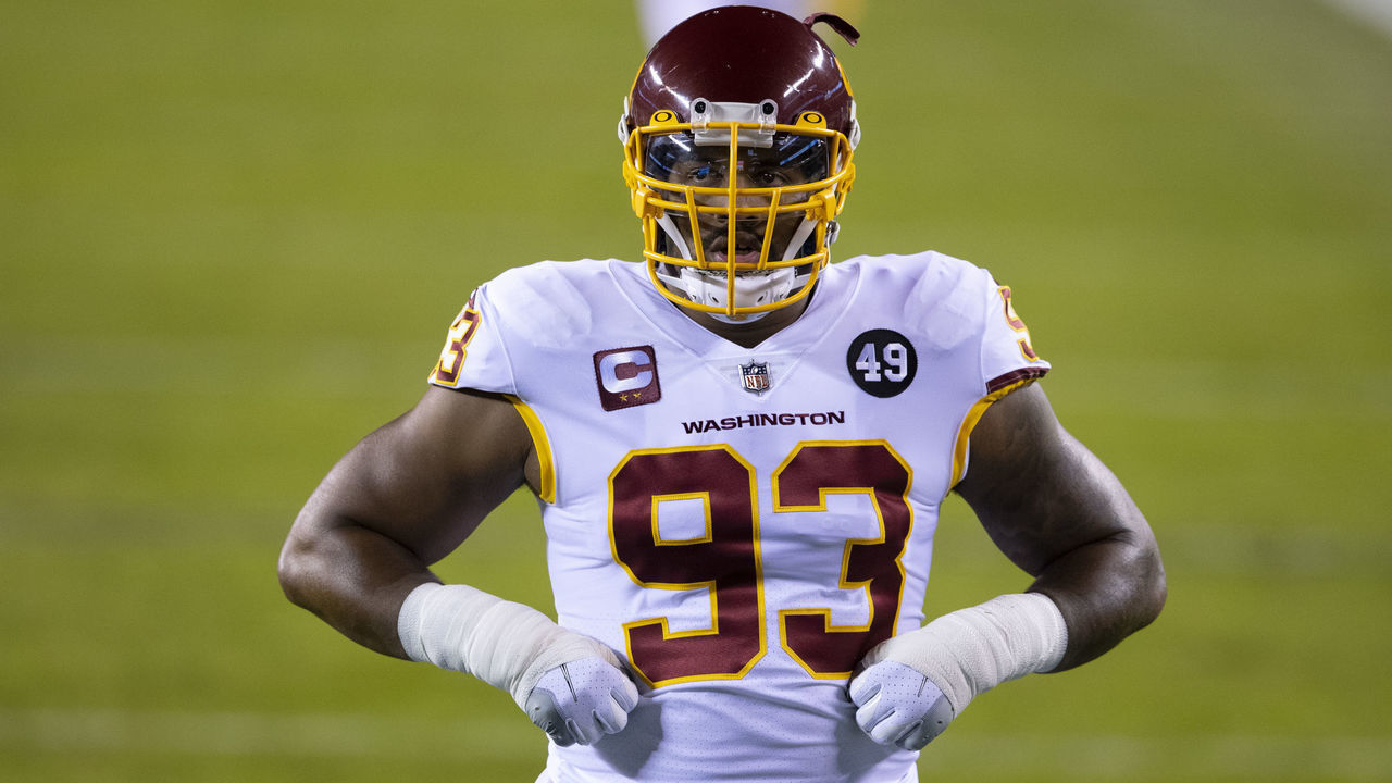 PHILADELPHIA, PA - JANUARY 03: Jonathan Allen #93 of the Washington Football Team looks on prior to the game against the Philadelphia Eagles at Lincoln Financial Field on January 3, 2021 in Philadelphia, Pennsylvania.