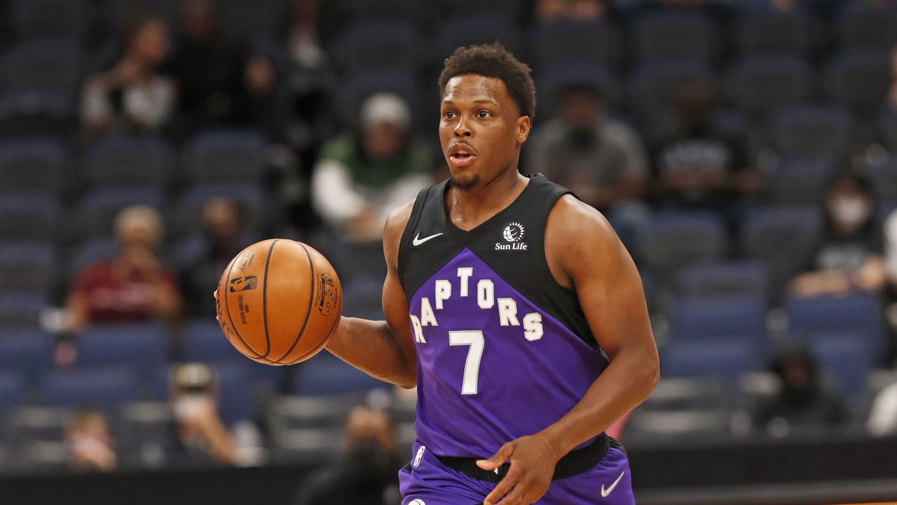 TAMPA, FL- APRIL 21: Kyle Lowry #7 of the Toronto Raptors dribbles during the game against the Brooklyn Nets on April 21, 2021 at Amalie Arena in Tampa, Florida. Mandatory Copyright Notice: Copyright 2021 NBAE