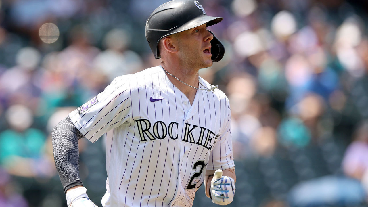 DENVER, COLORADO - JULY 21: Trevor Story #27 of the Colorado Rockies riuns to first after hitting a single against the Seattle Mariners in the first inning at Coors Field on July 21, 2021 in Denver, Colorado.