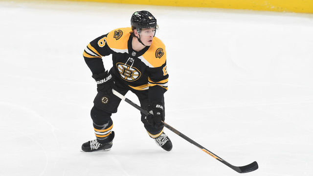 BOSTON, MA - MAY 10: Mike Reilly #6 of the Boston Bruins skates with the puck against the New York Islanders at the TD Garden on May 10, 2021 in Boston, Massachusetts.
