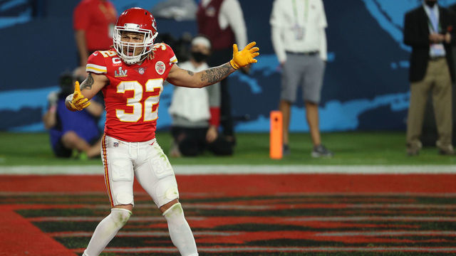 TAMPA, FLORIDA - FEBRUARY 07: Tyrann Mathieu #32 of the Kansas City Chiefs reacts after a penalty call in the second quarter against the Tampa Bay Buccaneers in Super Bowl LV at Raymond James Stadium on February 07, 2021 in Tampa, Florida.