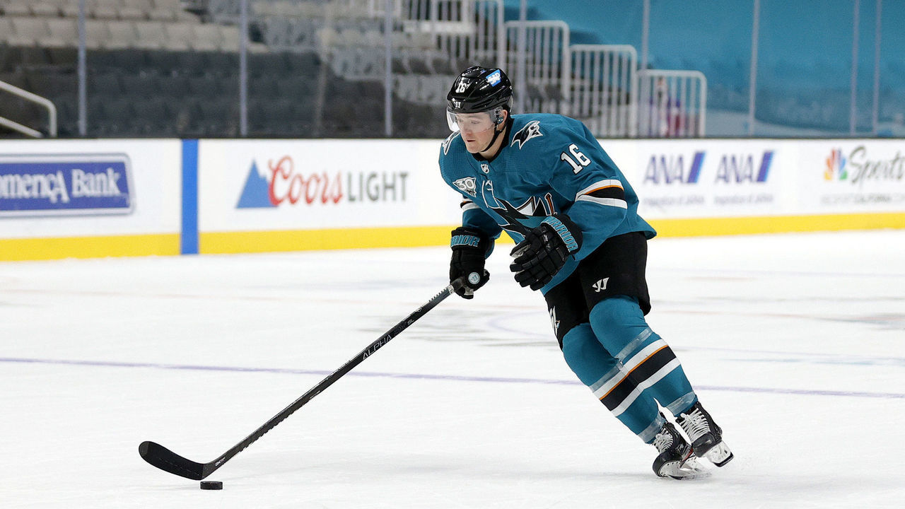 SAN JOSE, CALIFORNIA - MARCH 29: Ryan Donato #16 of the San Jose Sharks in action against the Minnesota Wild at SAP Center on March 29, 2021 in San Jose, California.