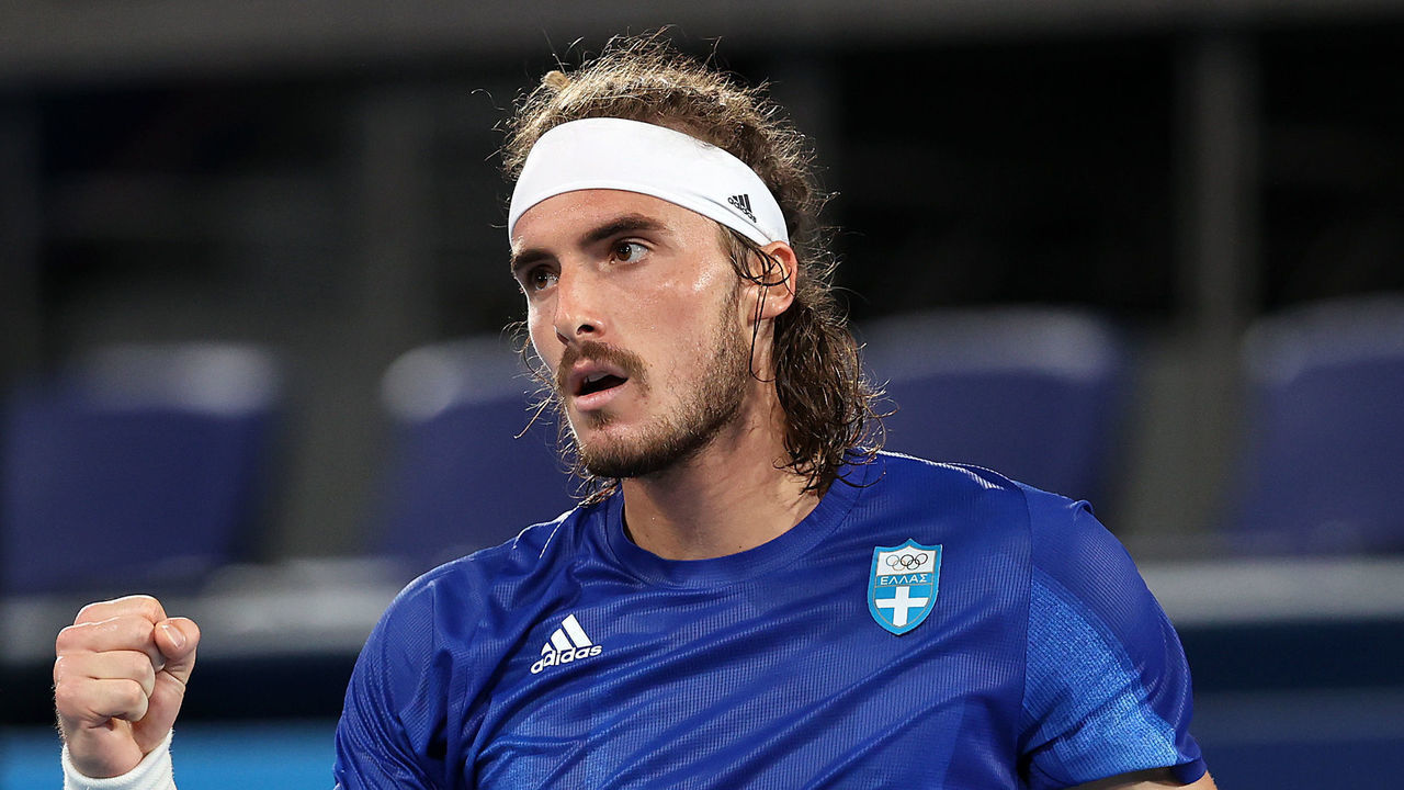 TOKYO, JAPAN - JULY 27: Stefanos Tsitsipas of Team Greece celebrates after match point during his Men's Singles Second Round match against Frances Tiafoe of Team USA on day four of the Tokyo 2020 Olympic Games at Ariake Tennis Park on July 27, 2021 in Tokyo, Japan.