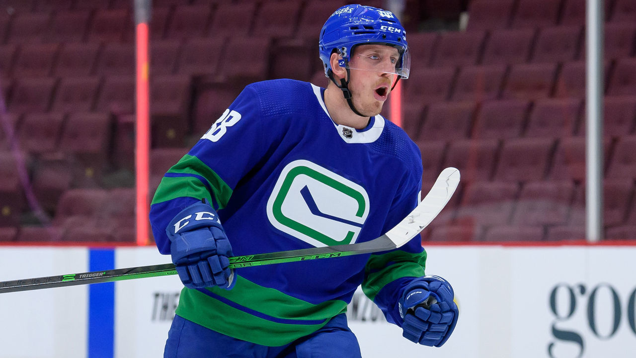 VANCOUVER, BC - APRIL 24: Vancouver Canucks defenseman Nate Schmidt (88) celebrates after scoring a goal during their NHL game against the Ottawa Senators at Rogers Arena on April 24, 2021 in Vancouver, British Columbia, Canada.