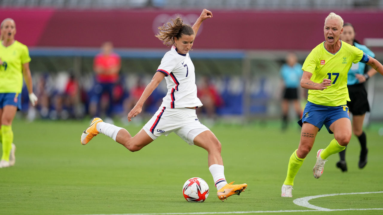 TOKYO, JAPAN - JULY 20: Tobin Heath #7 of the United States takes a shot during a game between Sweden and USWNT at Tokyo Stadium on July 20, 2021 in Tokyo, Japan.