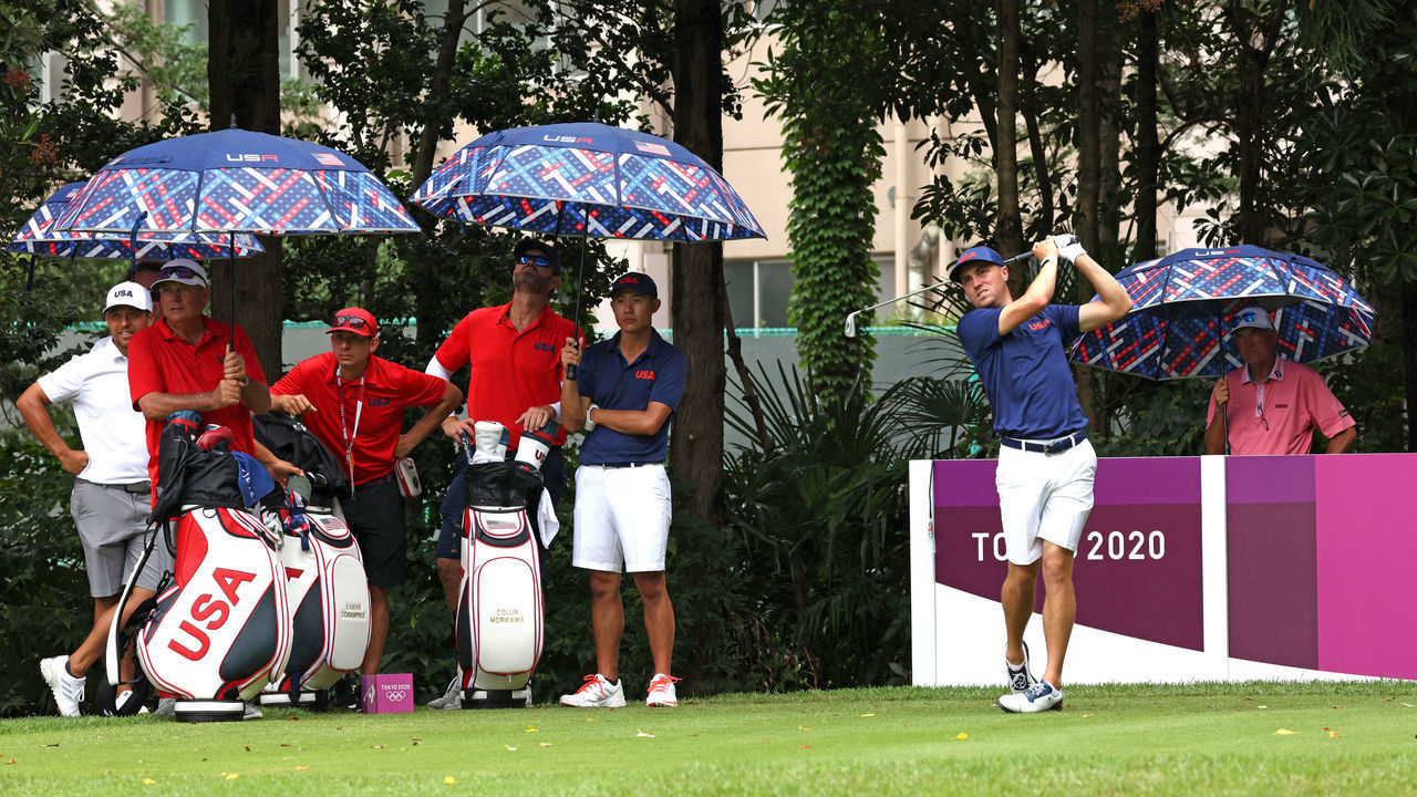 TOKYO, JAPAN - JULY 27: Collin Morikawa, Xander Schauffele of Team USA play during a practice round at Kasumigaseki Country Club ahead of the Tokyo Olympic Games on July 27, 2021 in Tokyo, Japan.