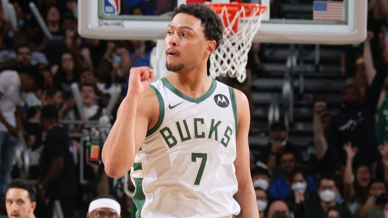 MILWAUKEE, WI - JUNE 13: Bryn Forbes #7 of the Milwaukee Bucks celebrates during Round 2, Game 4 of the 2021 NBA Playoffs on June 13 2021 at the Fiserv Forum Center in Milwaukee, Wisconsin. Mandatory Copyright Notice: Copyright 2021 NBAE .