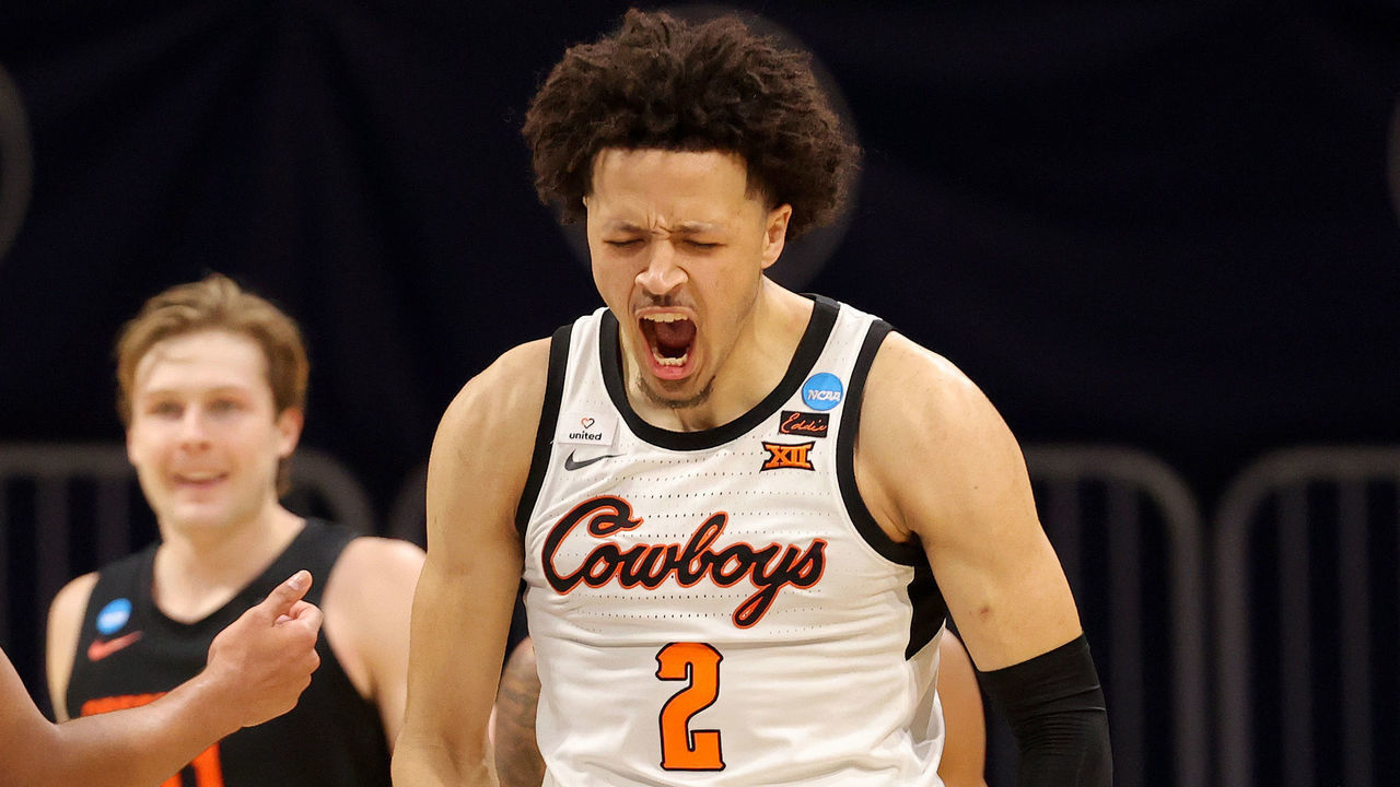 INDIANAPOLIS, INDIANA - MARCH 21: Cade Cunningham #2 of the Oklahoma State Cowboys reacts against the Oregon State Beavers during the second half in the second round game of the 2021 NCAA Men's Basketball Tournament at Hinkle Fieldhouse on March 21, 2021 in Indianapolis, Indiana.