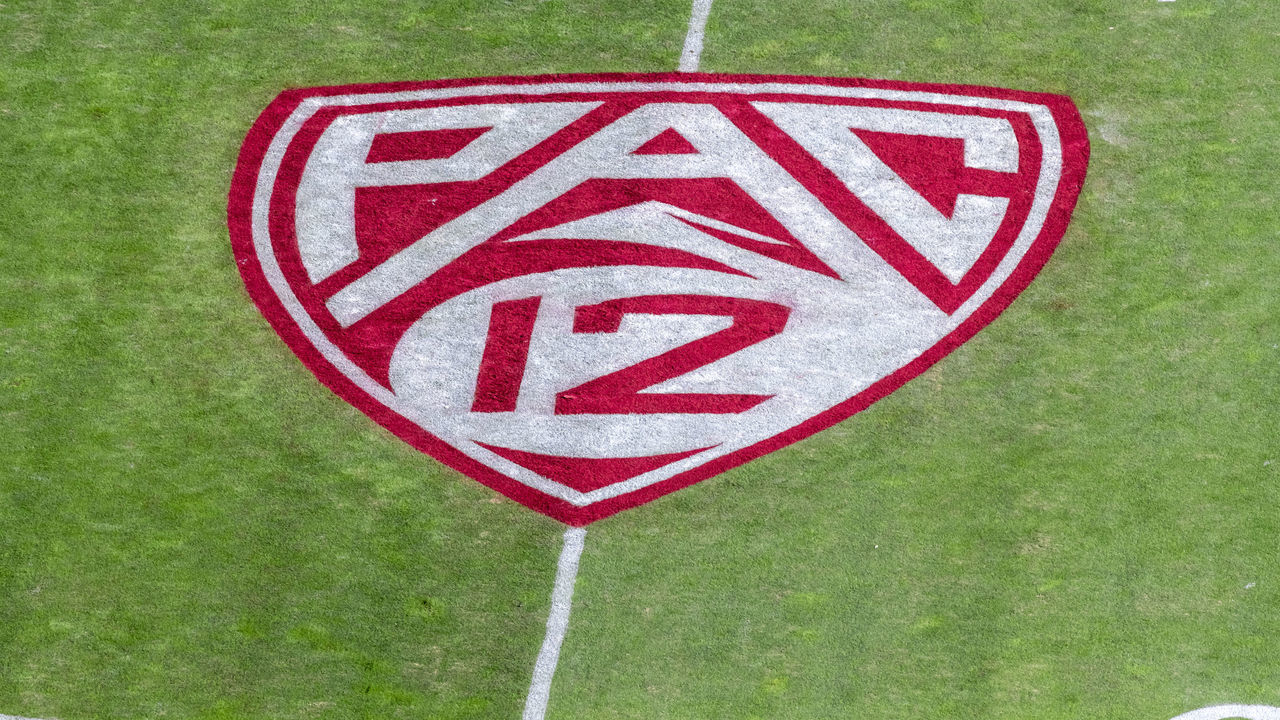 PALO ALTO, CA - NOVEMBER 23: A detail view of the Pac-12 logo on the field at Stanford Stadium prior to the 122nd Big Game between the Stanford Cardinal and the California Golden Bears on November 23, 2019 in Palo Alto, California.