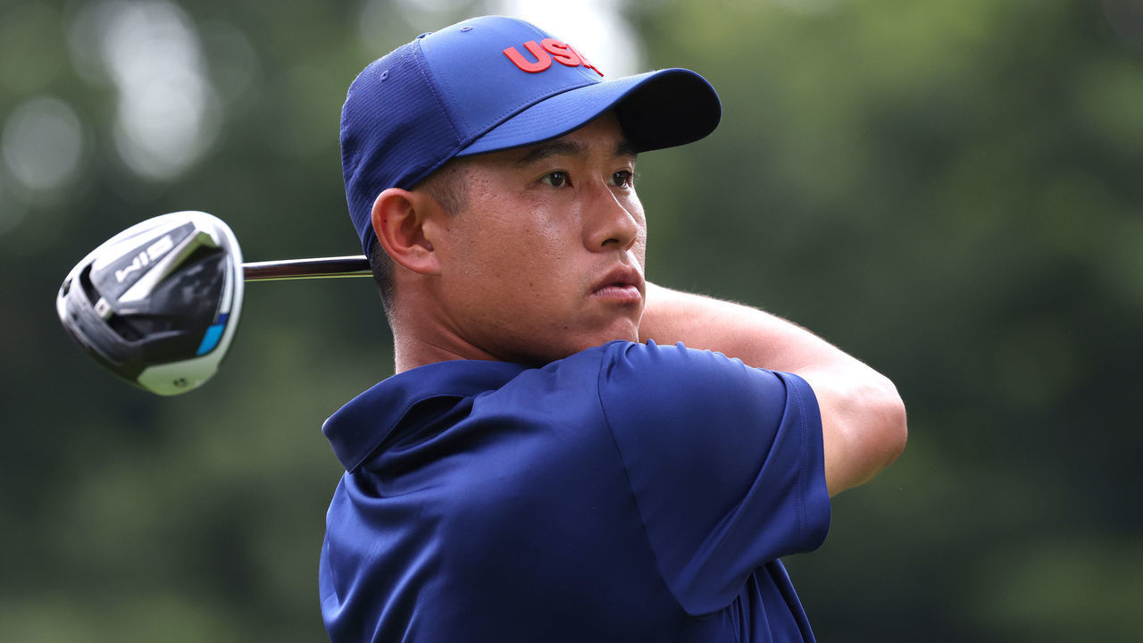 TOKYO, JAPAN - JULY 27: Collin Morikawa of Team USA plays during a practice round at Kasumigaseki Country Club ahead of the Tokyo Olympic Games on July 27, 2021 in Tokyo, Japan.
