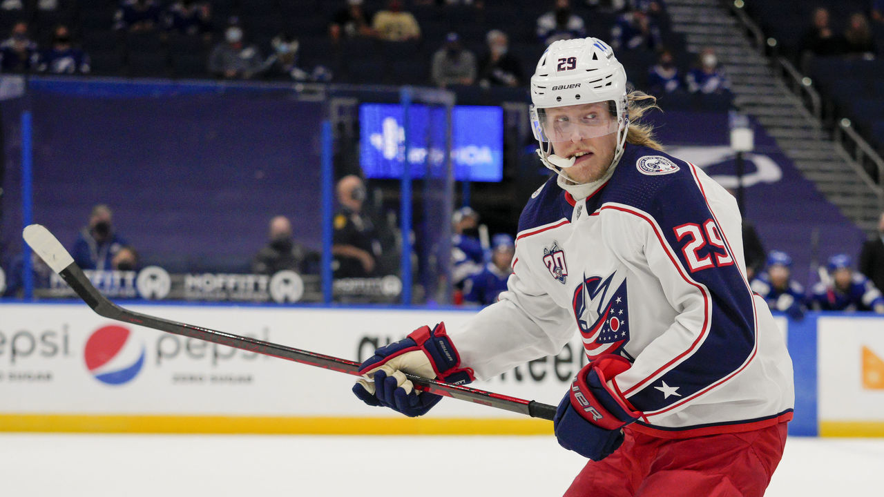 TAMPA, FL - APRIL 25: Columbus Blue Jackets right wing Patrik Laine (29) during the NHL Hockey match between the Tampa Bay Lightning and Columbus Blue Jackets on April 25, 2021 at Amalie Arena in Tampa, FL.
