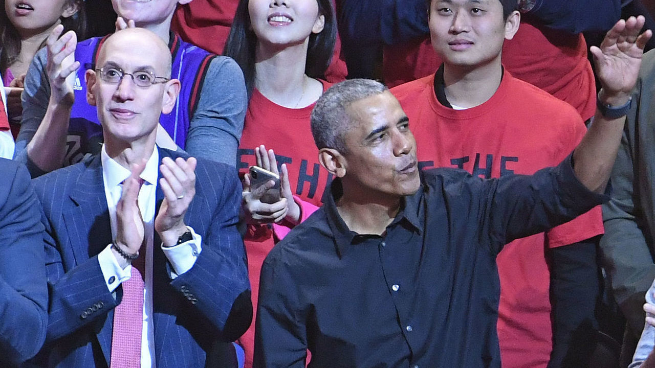 TORONTO, CANADA - JUNE 02: The 44th President of the United States, Barack Obama waves to the crowd during Game Two of the NBA Finals between the Golden State Warriors and the Toronto Raptors on June 2, 2019 at Scotiabank Arena in Toronto, Ontario, Canada. NOTE TO USER: User expressly acknowledges and agrees that, by downloading and/or using this photograph, user is consenting to the terms and conditions of the Getty Images License Agreement. Mandatory Copyright Notice: Copyright 2019 NBAE
