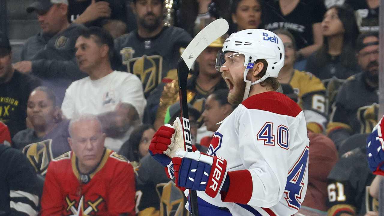 LAS VEGAS, NEVADA - JUNE 16: Joel Armia #40 of the Montreal Canadiens celebrates after scoring a goal against the Vegas Golden Knights during the first period in Game Two of the Stanley Cup Semifinals during the 2021 Stanley Cup Playoffs at T-Mobile Arena on June 16, 2021 in Las Vegas, Nevada.