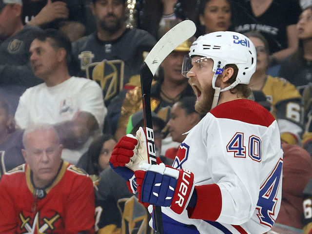 LAS VEGAS, NEVADA - JUNE 16: Joel Armia #40 of the Montreal Canadiens celebrates after scoring a goal against the Vegas Golden Knights during the first period in Game Two of the Stanley Cup Semifinals during the 2021 Stanley Cup Playoffs at T-Mobile Arena on June 16, 2021 in Las Vegas, Nevada.