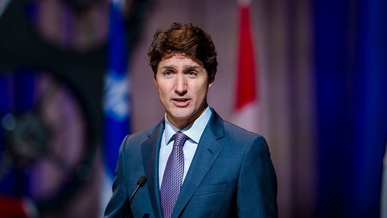 Canadian Prime Minister Justin Trudeau holds a press conference on the airline industry in Montreal, Quebec on July 15, 2021. - The funding announcement, towards greener aeronautic companies and electric aeronautics, was done in conjunction with the Quebec Prime Minister François Legault, and various company CEOs, such as CAE and Pratt and Whitney Canada.