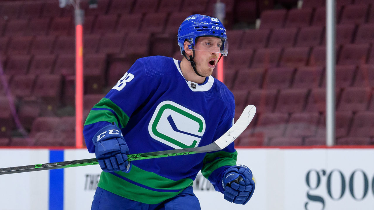 VANCOUVER, BC - APRIL 24: Vancouver Canucks defenseman Nate Schmidt (88) celebrates after scoring a goal during their NHL game against the Ottawa Senators at Rogers Arena on April 24, 2021 in Vancouver, British Columbia, Canada.