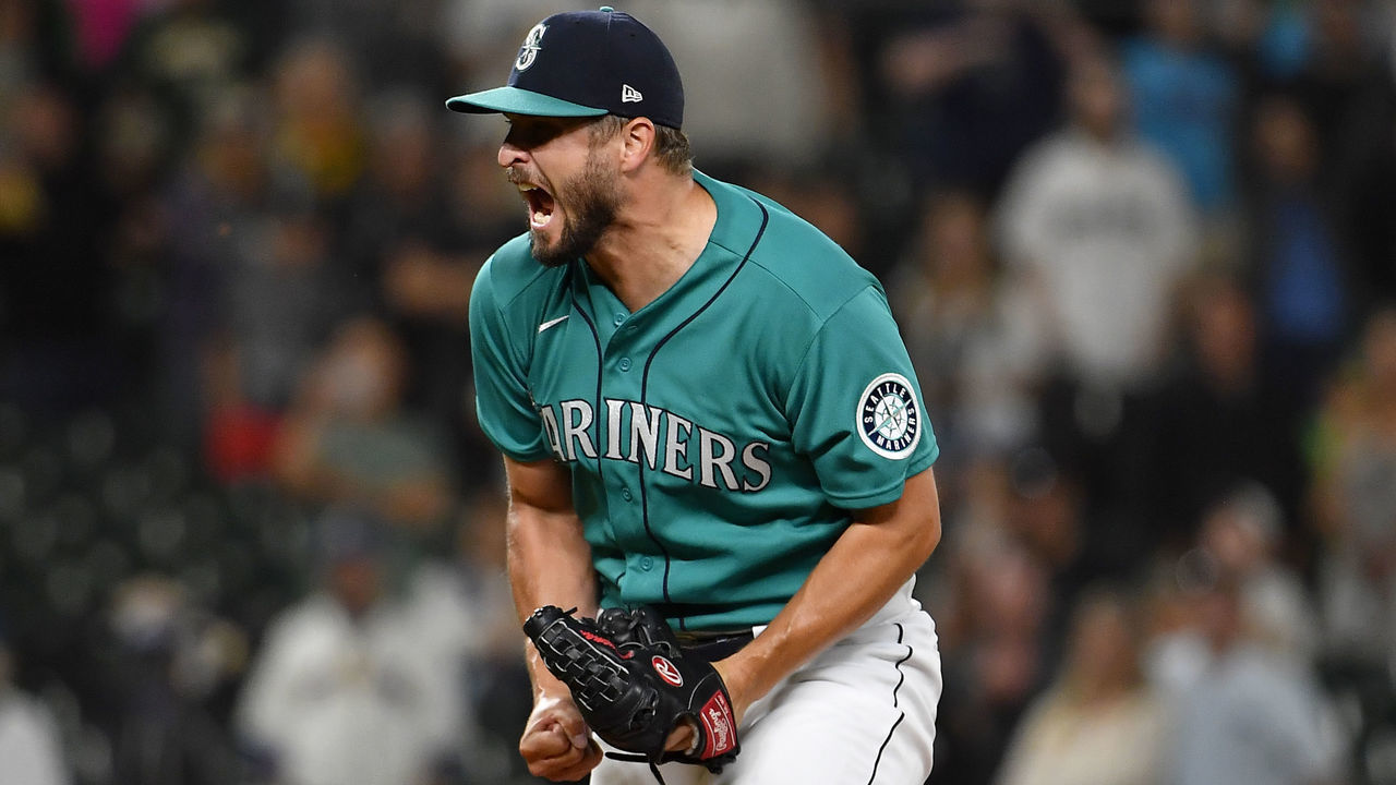 SEATTLE, WASHINGTON - JULY 23: Kendall Graveman #49 of the Seattle Mariners reacts to striking out the the last Oakland Athletics batter to win the game in the ninth inning at T-Mobile Park on July 23, 2021 in Seattle, Washington. The Seattle Mariners won 4-3.