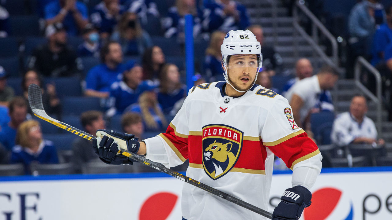 TAMPA, FL - MAY 22: Brandon Montour #62 of the Florida Panthers against the Tampa Bay Lightning during the first period in Game Four of the First Round of the 2021 Stanley Cup Playoffs at Amalie Arena on May 22, 2021 in Tampa, Florida.
