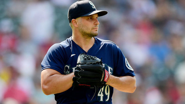 CLEVELAND, OHIO - JUNE 13: Kendall Graveman #49 of the Seattle Mariners pitches during a game against the Cleveland Indians at Progressive Field on June 13, 2021 in Cleveland, Ohio.