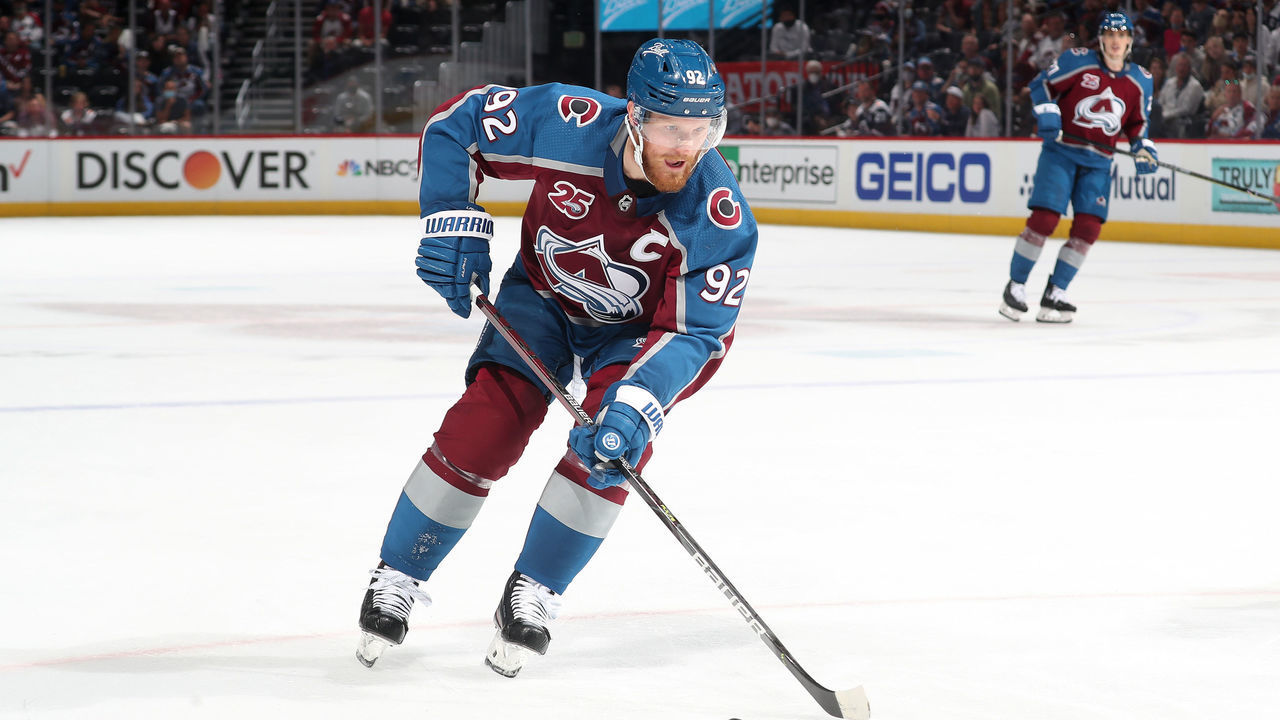 DENVER, COLORADO - JUNE 08: Gabriel Landeskog #92 of the Colorado Avalanche skates against the Vegas Golden Knights in Game Five of the Second Round of the 2021 Stanley Cup Playoffs at Ball Arena on June 08, 2021 in Denver, Colorado.