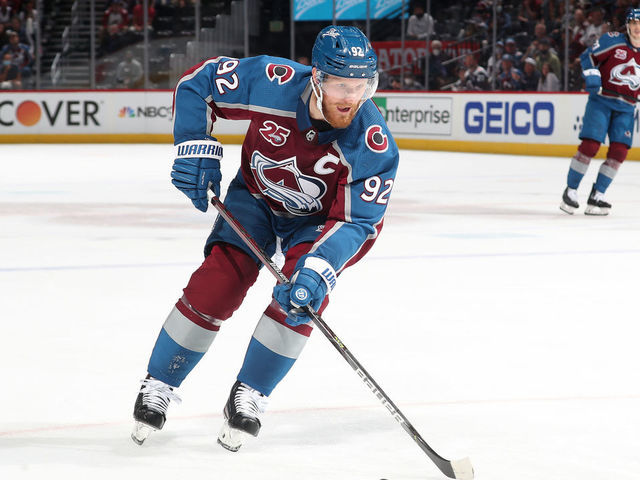 DENVER, COLORADO - JUNE 08: Gabriel Landeskog #92 of the Colorado Avalanche skates against the Vegas Golden Knights in Game Five of the Second Round of the 2021 Stanley Cup Playoffs at Ball Arena on June 08, 2021 in Denver, Colorado.