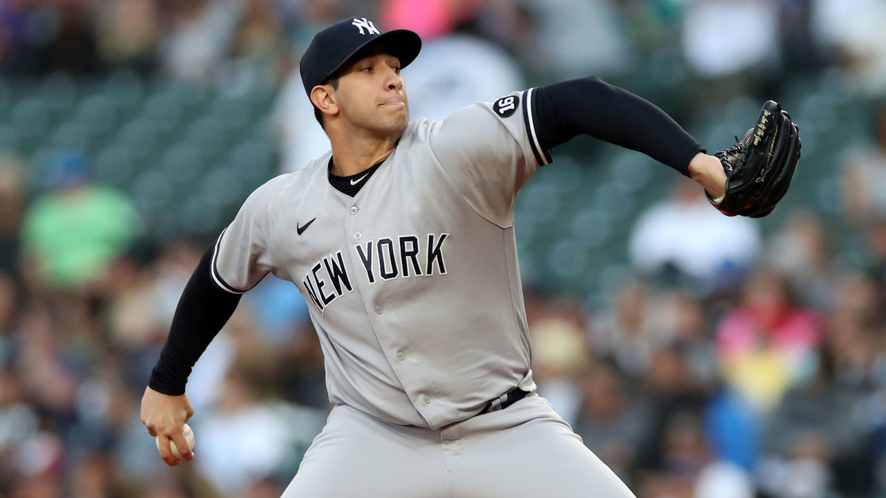 SEATTLE - JULY 7: Luis Cessa #85 of the New York Yankees pitches during the game against the Seattle Mariners at T-Mobile Park on July 7, 2021 in Seattle, Washington. The Yankees defeated the Mariners 5-4.