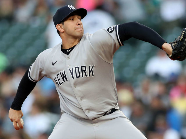 SEATTLE - JULY 7: Luis Cessa #85 of the New York Yankees pitches during the game against the Seattle Mariners at T-Mobile Park on July 7, 2021 in Seattle, Washington. The Yankees defeated the Mariners 5-4.
