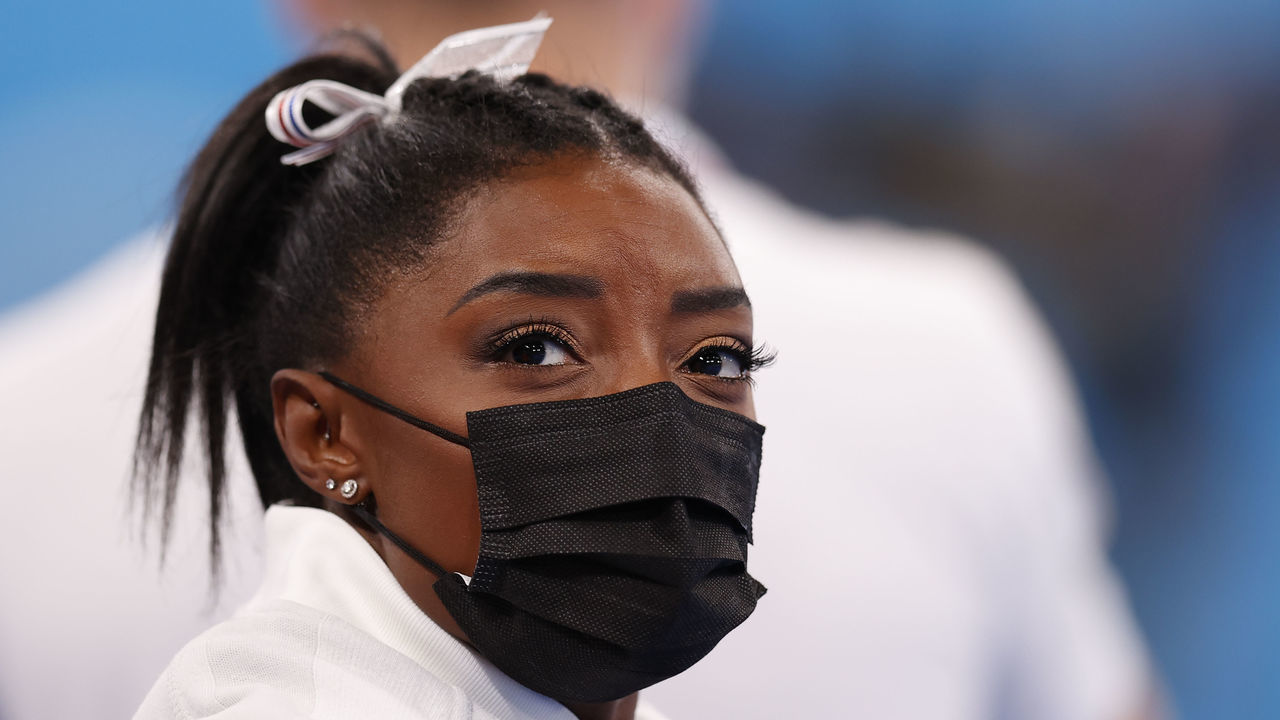 TOKYO, JAPAN - JULY 27: Simone Biles of Team United States looks on during the Women's Team Final on day four of the Tokyo 2020 Olympic Games at Ariake Gymnastics Centre on July 27, 2021 in Tokyo, Japan.