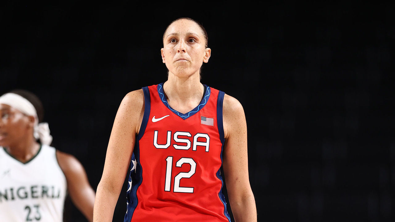 TOKYO, JAPAN - JULY 27: Diana Taurasi #12 of the USA Basketball Womens National Team looks on during the game against the Nigeria Women's National Team during the 2020 Tokyo Olympics at the Saitama Super Arena on July 27, 2021 in Tokyo, Japan. NOTE TO USER: User expressly acknowledges and agrees that, by downloading and/or using this Photograph, user is consenting to the terms and conditions of the Getty Images License Agreement. Mandatory Copyright Notice: Copyright 2021 NBAE