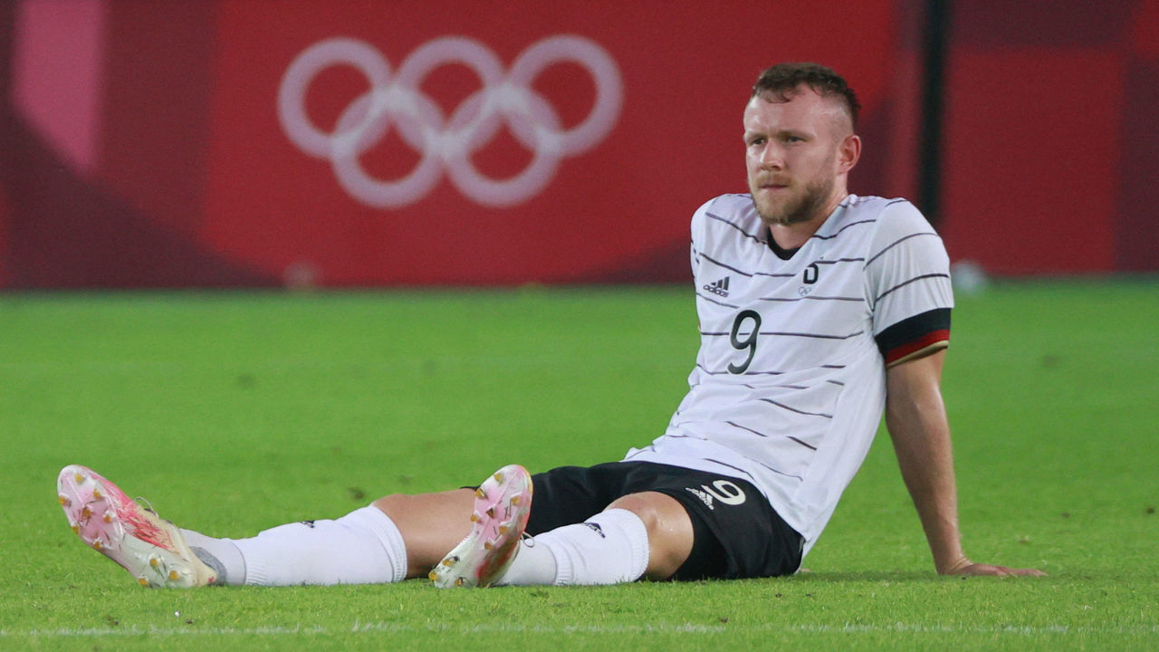 Germany's forward Cedric Teuchert reacts after the end of the Tokyo 2020 Olympic Games men's group D first round football match between Germany and Ivory Coast at the Miyagi Stadium in Miyagi on July 28, 2021.