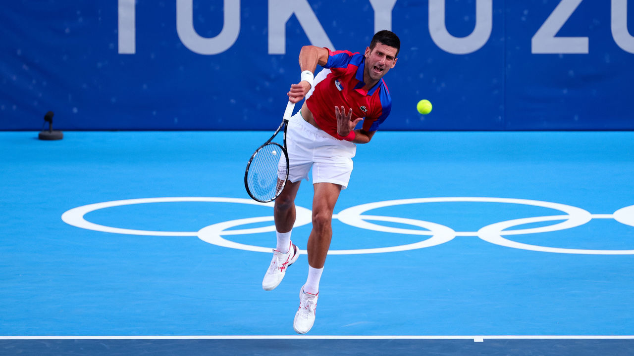 TOKYO, JAPAN - JULY 28: Novak Djokovic serves during the Men's Tennis Round 3 match between Novak Djokovic of Serbia and Alejandro Davidovich Fokina on Day 5 of the Tokyo 2020 Olympic Games at Ariake Tennis Park on July 28, 2021 in Tokyo, Japan.