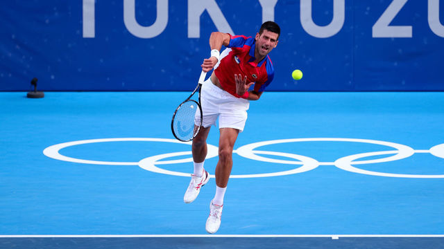 TOKYO, JAPAN - JULY 28: Novak Djokovic serves during the Men's Tennis Round 3 match between Novak Djokovic of Serbia and Alejandro Davidovich Fokina on Day 5 of the Tokyo 2020 Olympic Games at Ariake Tennis Park on July 28, 2021 in Tokyo, Japan.