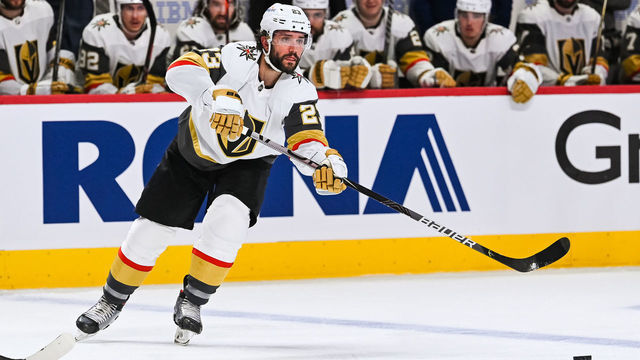MONTREAL, QC - JUNE 24: Las Vegas Golden Knights defenceman Alec Martinez (23) passes the puck along the blue line during the NHL Stanley Cup Playoffs Semifinals game 6 between the Las Vegas Golden Knights versus the Montreal Canadiens on June 24, 2021, at Bell Centre in Montreal, QC