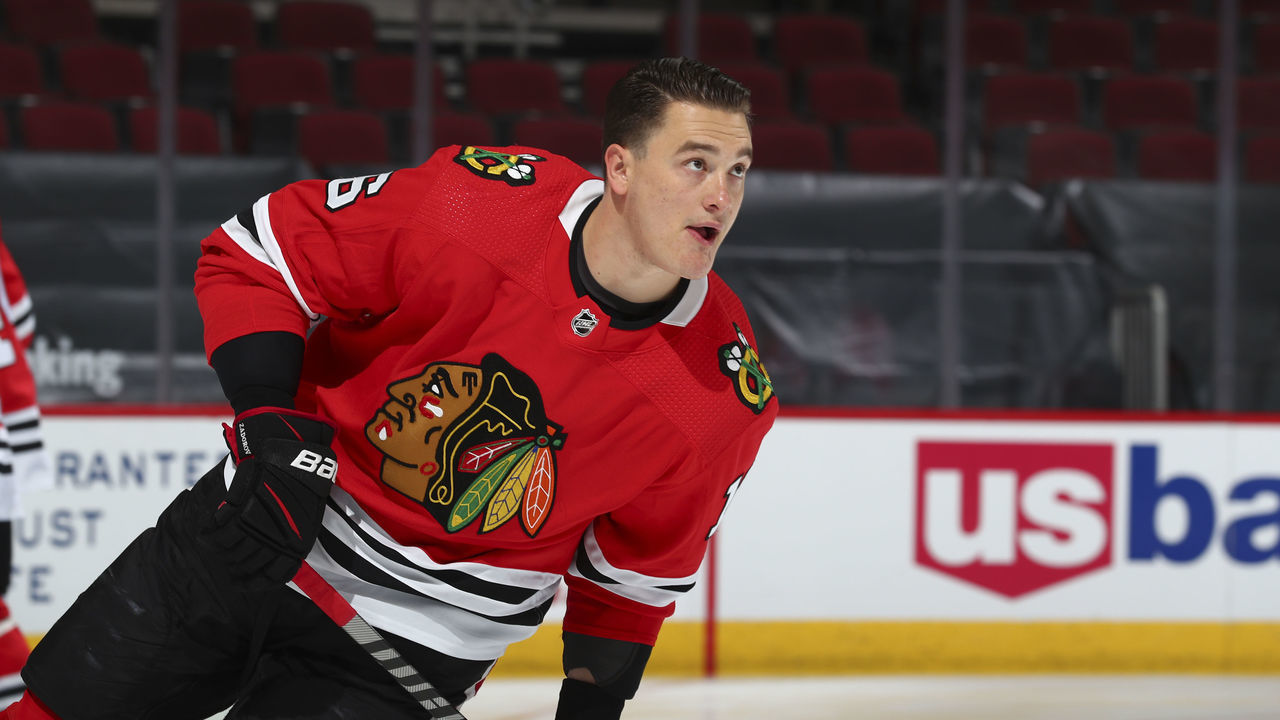 CHICAGO, ILLINOIS - MARCH 30: Nikita Zadorov #16 of the Chicago Blackhawks skates during warmups prior to a game against the Carolina Hurricanes at the United Center on March 30, 2021 in Chicago, Illinois.