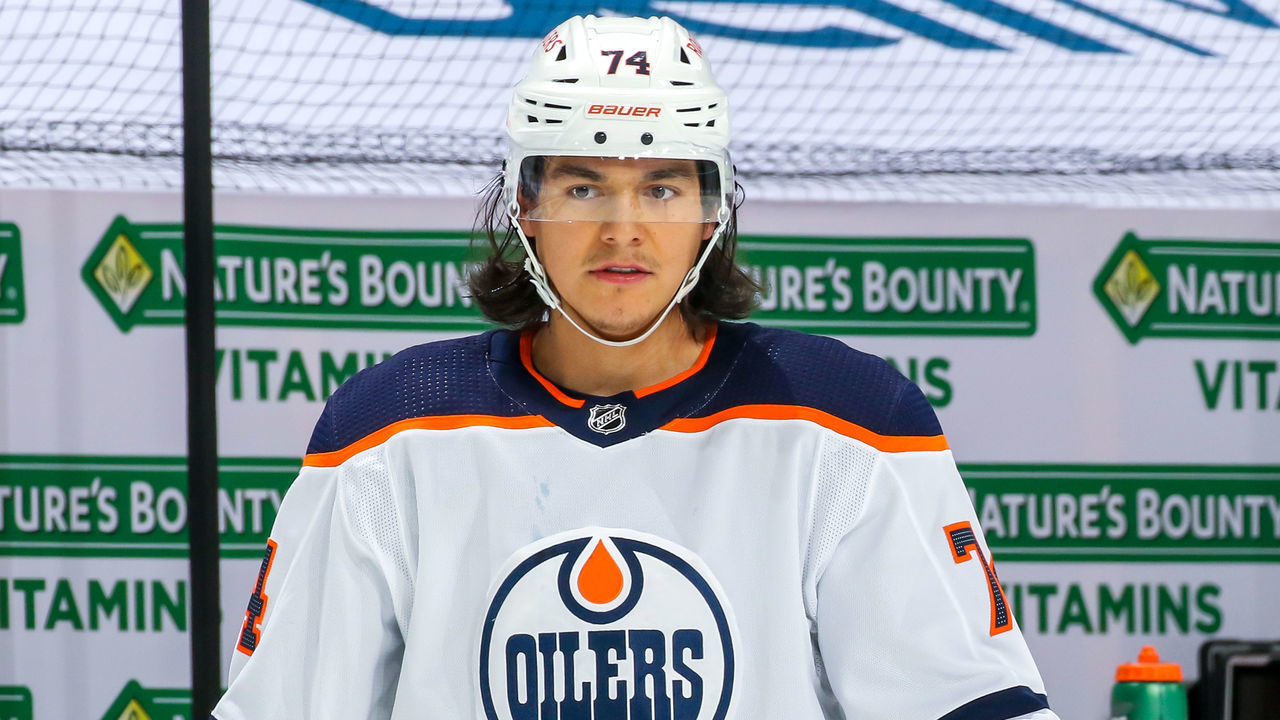WINNIPEG, MB - MAY 23: Ethan Bear #74 of the Edmonton Oilers takes part in the pre-game warm up prior to NHL action against the Winnipeg Jets in Game Three of the First Round of the 2021 Stanley Cup Playoffs at Bell MTS Place on May 23, 2021 in Winnipeg, Manitoba.