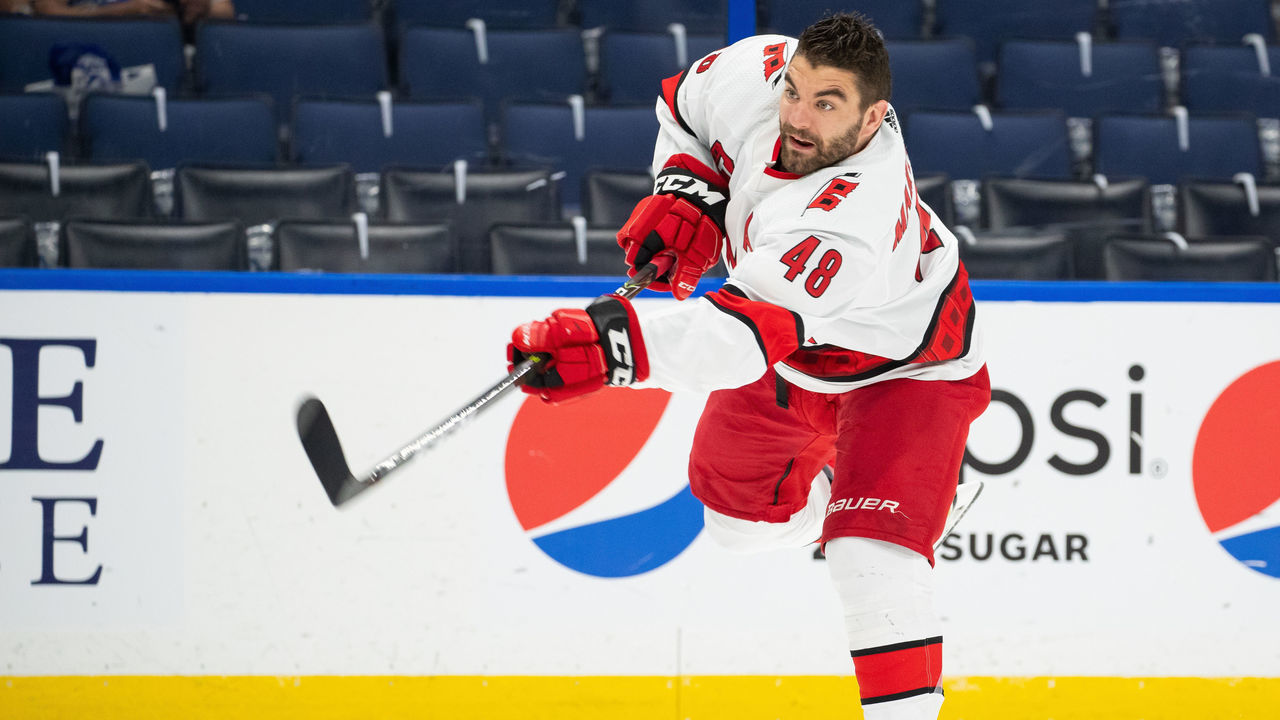 TAMPA, FL - June 3: Jordan Martinook #48 of the Carolina Hurricanes before the game against the Tampa Bay Lightning in Game Three of the Second Round of the 2021 Stanley Cup Playoffs at Amalie Arena on June 3, 2021 in Tampa, Florida.