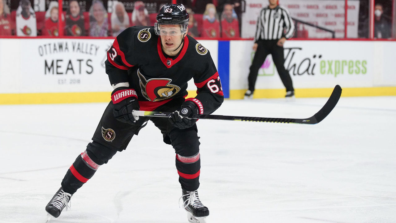 OTTAWA, ON - MAY 3: Evgenii Dadonov #63 of the Ottawa Senators skates against the Winnipeg Jets at Canadian Tire Centre on May 3, 2021 in Ottawa, Ontario, Canada.