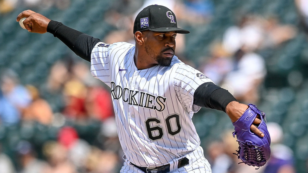 DENVER, CO - JULY 21: Colorado Rockies relief pitcher Mychal Givens (60) pitches during a game between the Colorado Rockies and the Seattle Mariners at Coors Field in Denver, Colorado on 7 21, 2021.