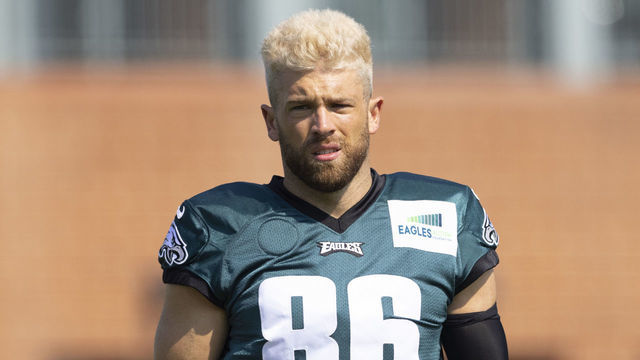 PHILADELPHIA, PA - JULY 28: Zach Ertz #86 of the Philadelphia Eagles looks on during training camp at the NovaCare Complex on July 28, 2021 in Philadelphia, Pennsylvania.