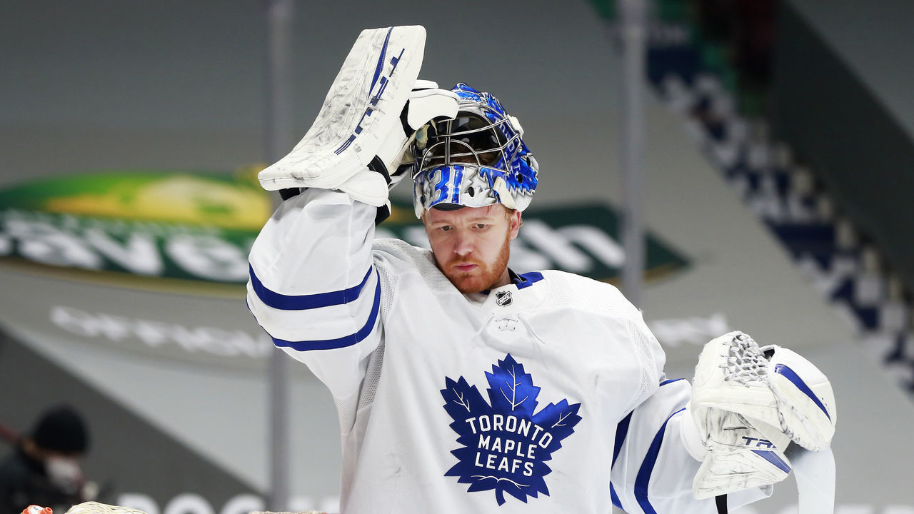 VANCOUVER, BC - MARCH 6: Frederik Andersen #31 of the Toronto Maple Leafs looks on from his crease during their NHL game against the Vancouver Canucks at Rogers Arena on March 6, 2021 in Vancouver, British Columbia, Canada. "n