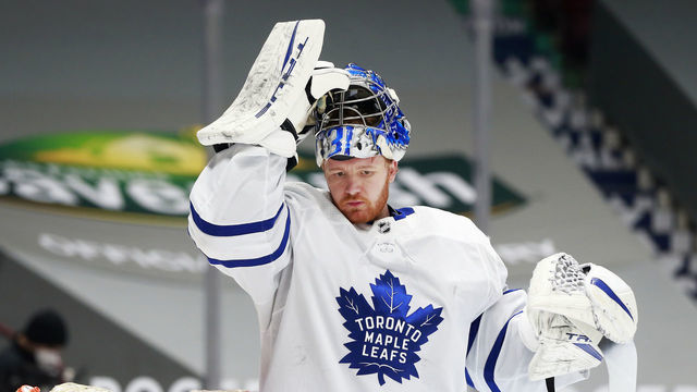 VANCOUVER, BC - MARCH 6: Frederik Andersen #31 of the Toronto Maple Leafs looks on from his crease during their NHL game against the Vancouver Canucks at Rogers Arena on March 6, 2021 in Vancouver, British Columbia, Canada. "n