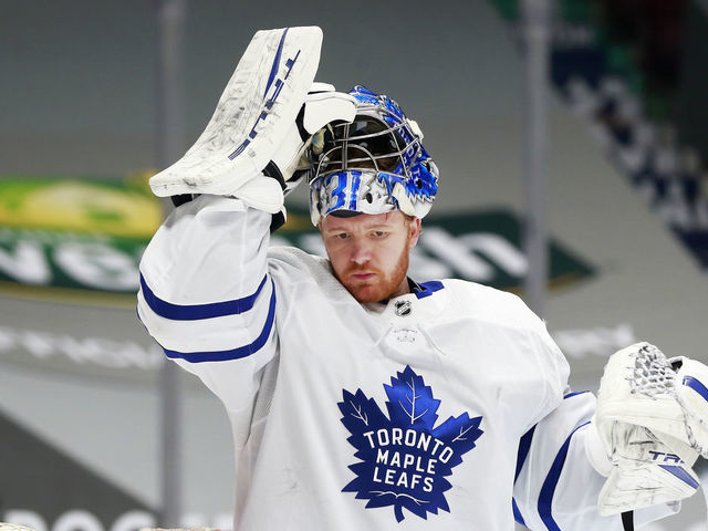 VANCOUVER, BC - MARCH 6: Frederik Andersen #31 of the Toronto Maple Leafs looks on from his crease during their NHL game against the Vancouver Canucks at Rogers Arena on March 6, 2021 in Vancouver, British Columbia, Canada. "n